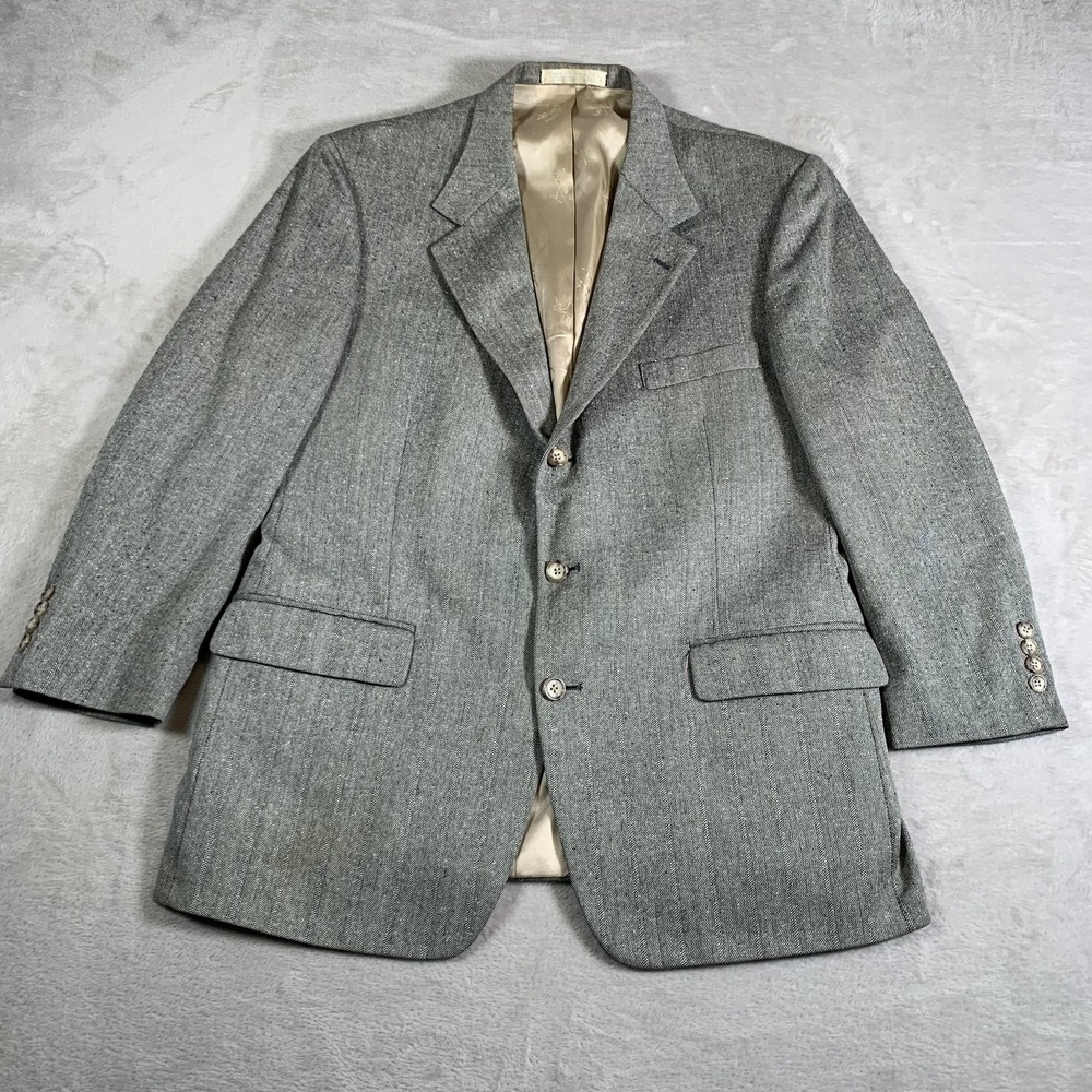 Old School Bespoke Blazer Mens 43R Gray Herringbone Tailored USA 100% Linen